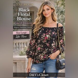 Talbots Black Floral Blouse Size L | Pink Floral Top Chic Dressy Lightweight